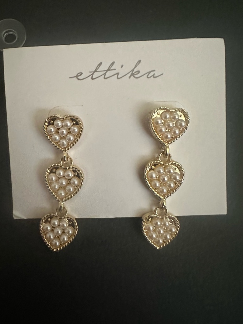 ettika Gold-Tone Triple Heart Pearl Drop Earrings - Cream